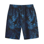 Dark Blue Tropical Leaf Pattern Print Cotton Shorts