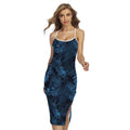 Dark Blue Tropical Leaf Pattern Print Cross Back Cami Dress