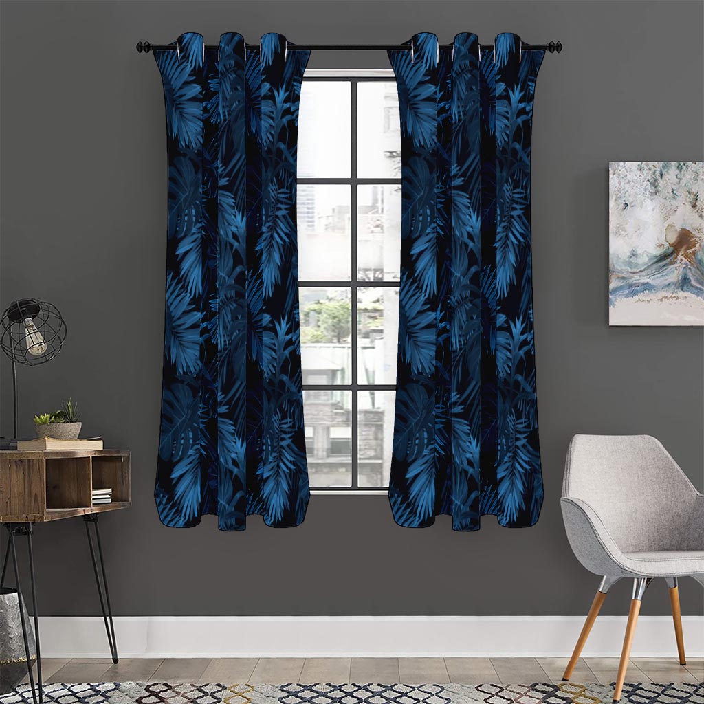 Dark Blue Tropical Leaf Pattern Print Curtain