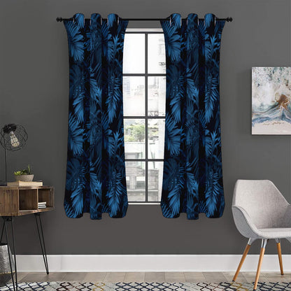 Dark Blue Tropical Leaf Pattern Print Curtain