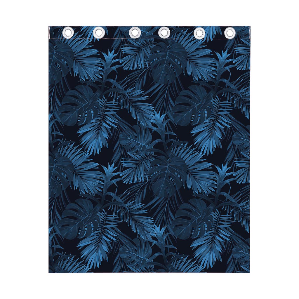 Dark Blue Tropical Leaf Pattern Print Curtain