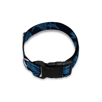 Dark Blue Tropical Leaf Pattern Print Dog Collar