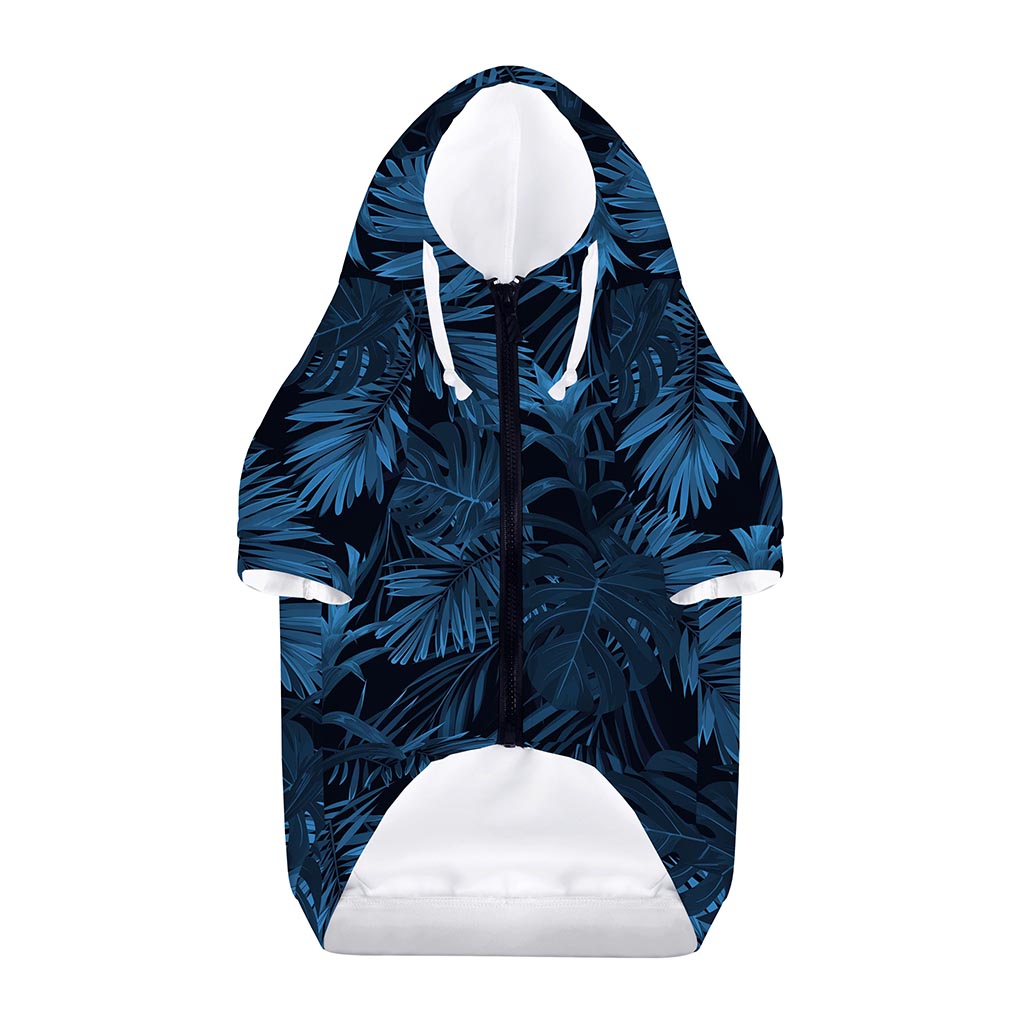 Dark Blue Tropical Leaf Pattern Print Dog Zip Up Hoodie