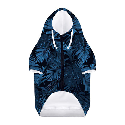 Dark Blue Tropical Leaf Pattern Print Dog Zip Up Hoodie