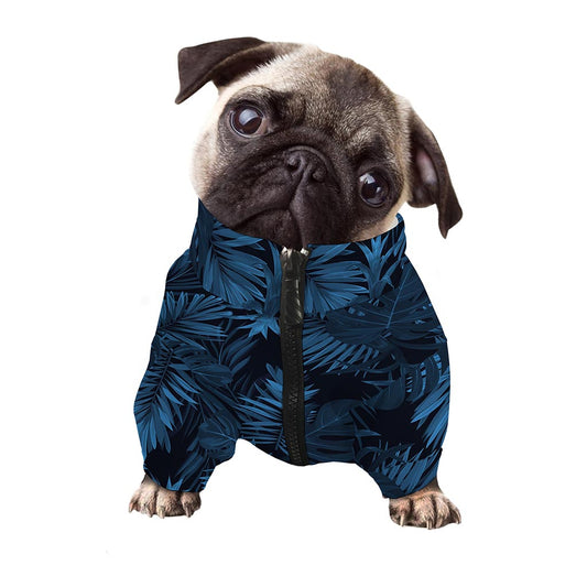 Dark Blue Tropical Leaf Pattern Print Dog Zip Up Jacket