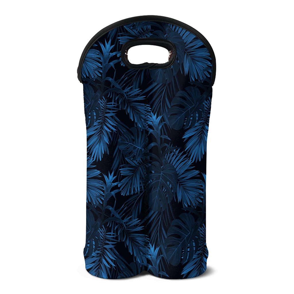 Dark Blue Tropical Leaf Pattern Print Double Neoprene Wine Tote