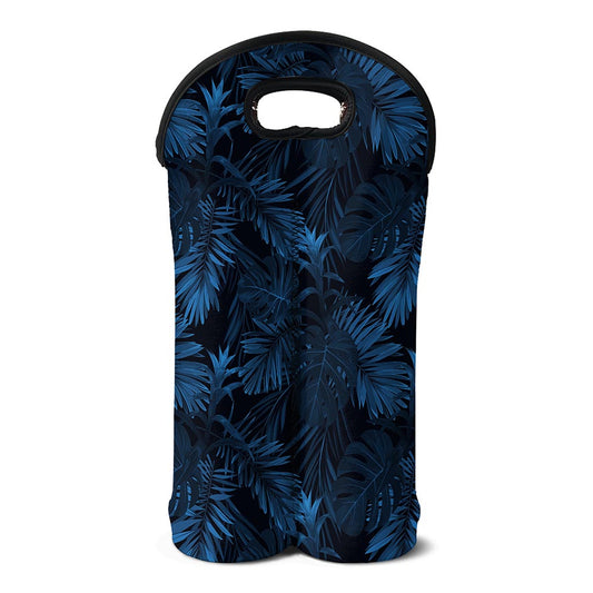 Dark Blue Tropical Leaf Pattern Print Double Neoprene Wine Tote