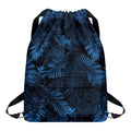 Dark Blue Tropical Leaf Pattern Print Drawstring Backpack