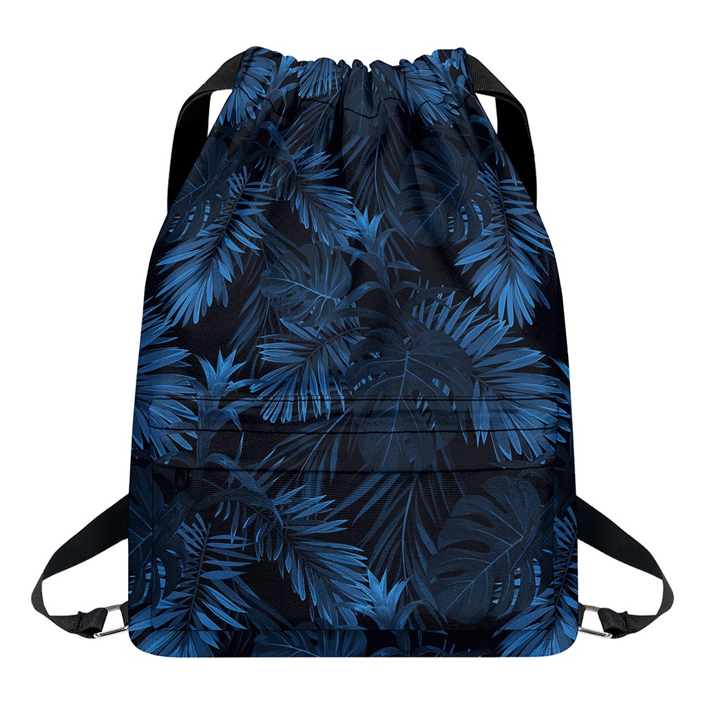Dark Blue Tropical Leaf Pattern Print Drawstring Backpack