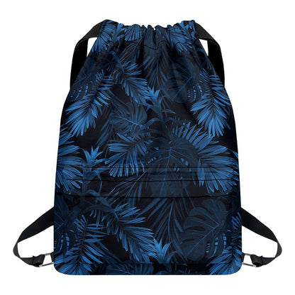 Dark Blue Tropical Leaf Pattern Print Drawstring Backpack