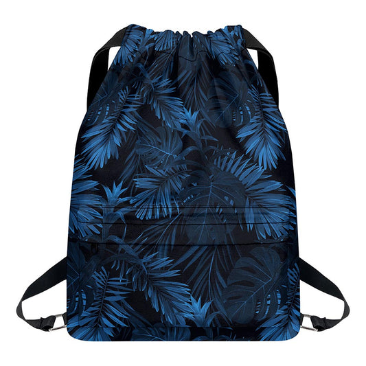 Dark Blue Tropical Leaf Pattern Print Drawstring Backpack
