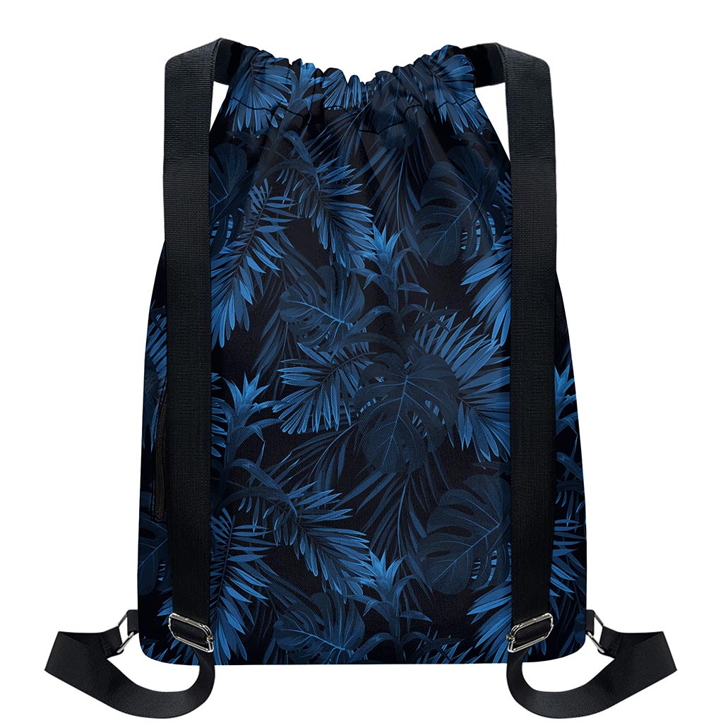 Dark Blue Tropical Leaf Pattern Print Drawstring Backpack