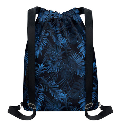 Dark Blue Tropical Leaf Pattern Print Drawstring Backpack