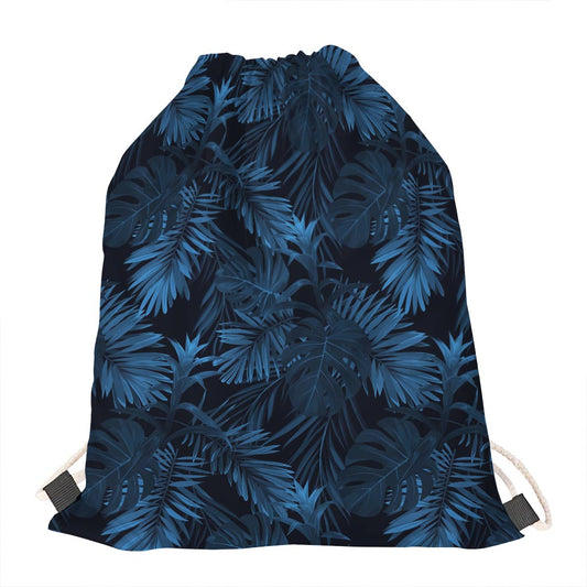 Dark Blue Tropical Leaf Pattern Print Drawstring Bag
