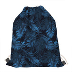 Dark Blue Tropical Leaf Pattern Print Drawstring Bag