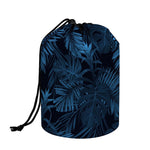 Dark Blue Tropical Leaf Pattern Print Drawstring Makeup Bag
