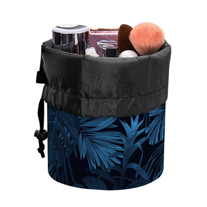 Dark Blue Tropical Leaf Pattern Print Drawstring Makeup Bag