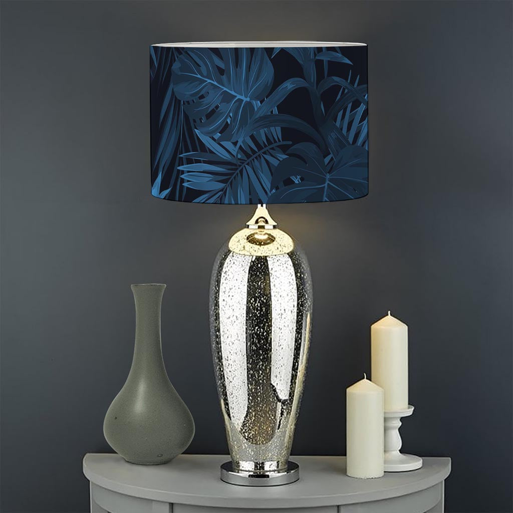Dark Blue Tropical Leaf Pattern Print Drum Lamp Shade