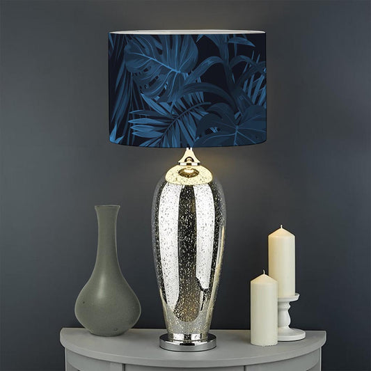Dark Blue Tropical Leaf Pattern Print Drum Lamp Shade
