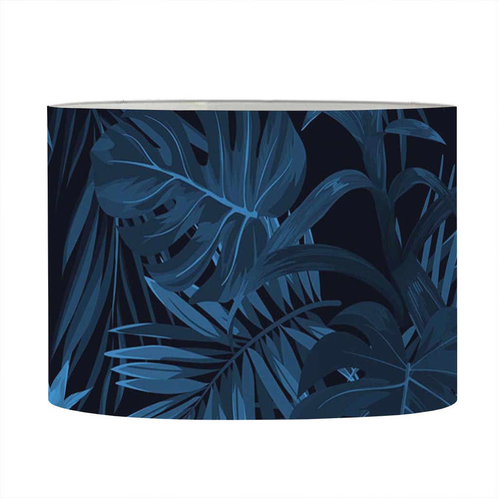 Dark Blue Tropical Leaf Pattern Print Drum Lamp Shade