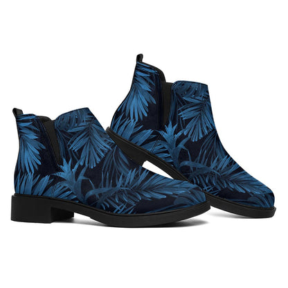 Dark Blue Tropical Leaf Pattern Print Flat Ankle Boots