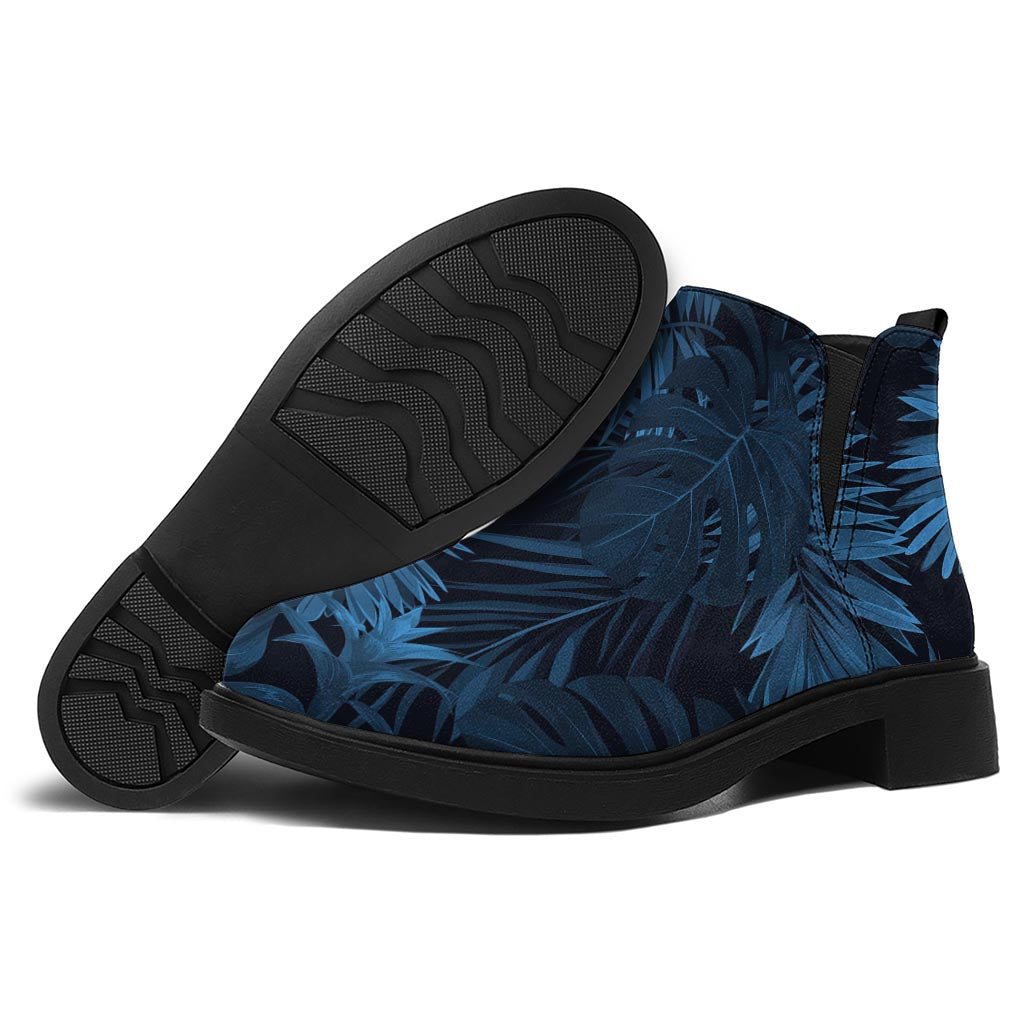 Dark Blue Tropical Leaf Pattern Print Flat Ankle Boots