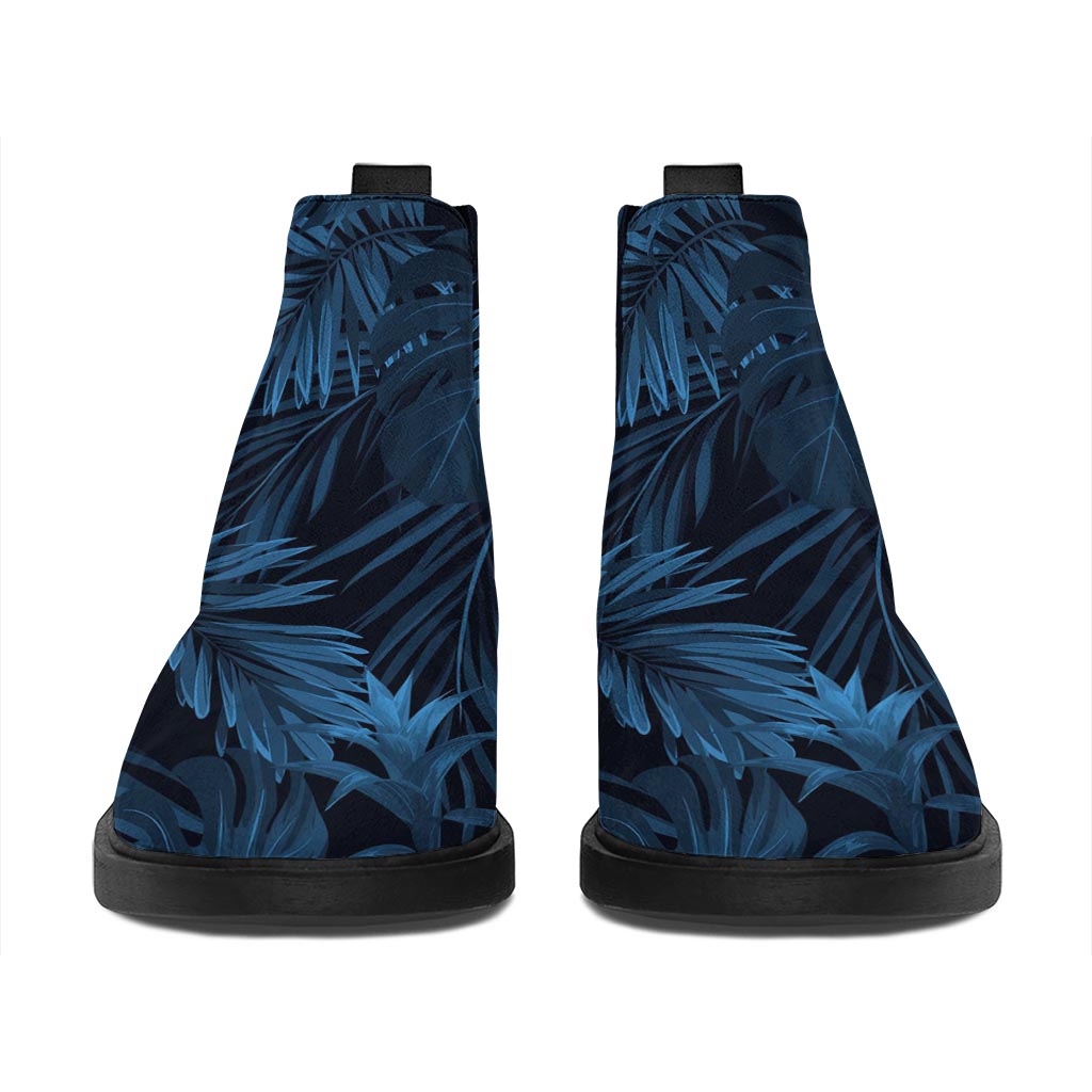 Dark Blue Tropical Leaf Pattern Print Flat Ankle Boots
