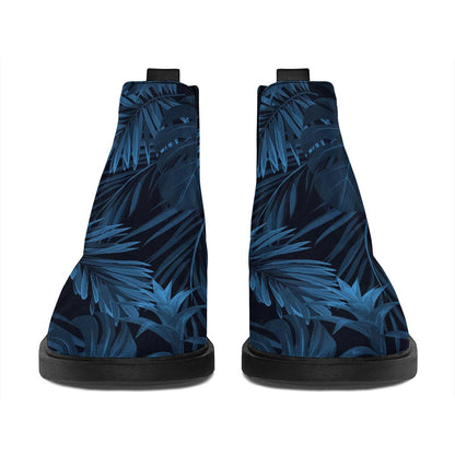 Dark Blue Tropical Leaf Pattern Print Flat Ankle Boots