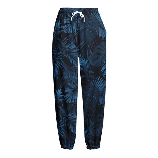 Dark Blue Tropical Leaf Pattern Print Fleece Lined Knit Pants