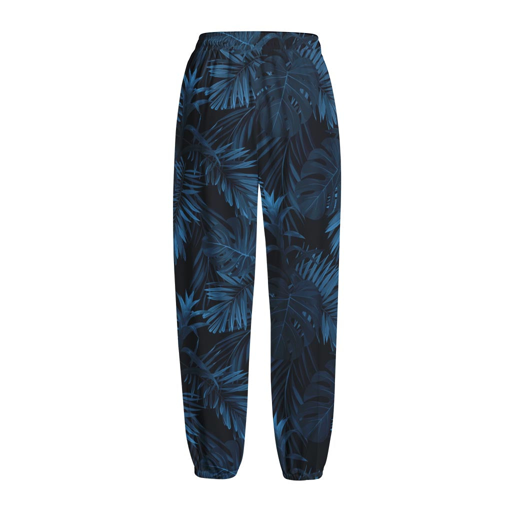 Dark Blue Tropical Leaf Pattern Print Fleece Lined Knit Pants