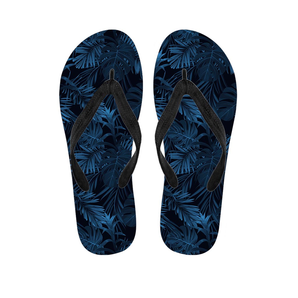 Dark Blue Tropical Leaf Pattern Print Flip Flops