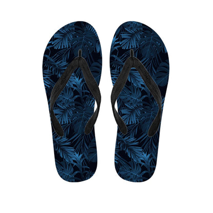 Dark Blue Tropical Leaf Pattern Print Flip Flops