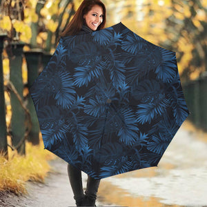 Dark Blue Tropical Leaf Pattern Print Foldable Umbrella
