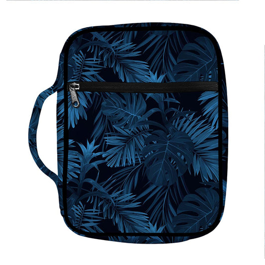 Dark Blue Tropical Leaf Pattern Print Front Pocket Bible Bag