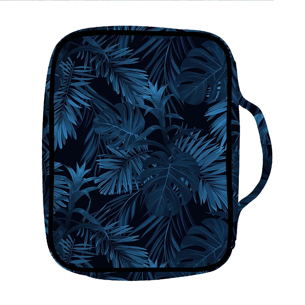 Dark Blue Tropical Leaf Pattern Print Front Pocket Bible Bag