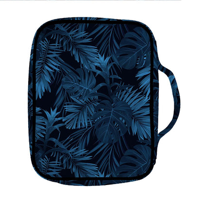 Dark Blue Tropical Leaf Pattern Print Front Pocket Bible Bag