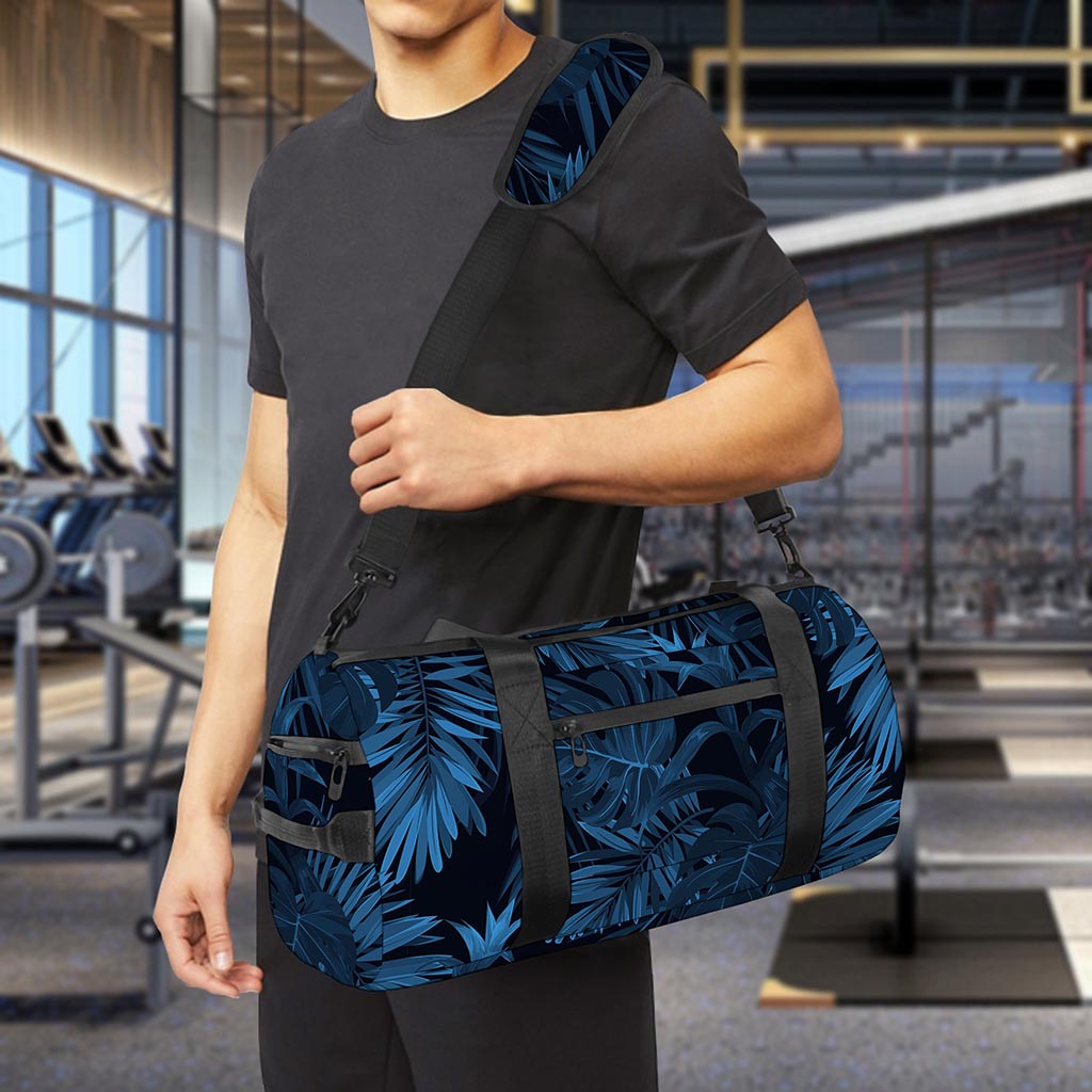 Dark Blue Tropical Leaf Pattern Print Gym Bag