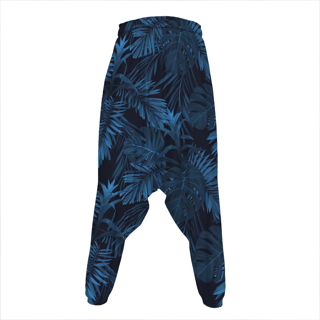 Dark Blue Tropical Leaf Pattern Print Hammer Pants