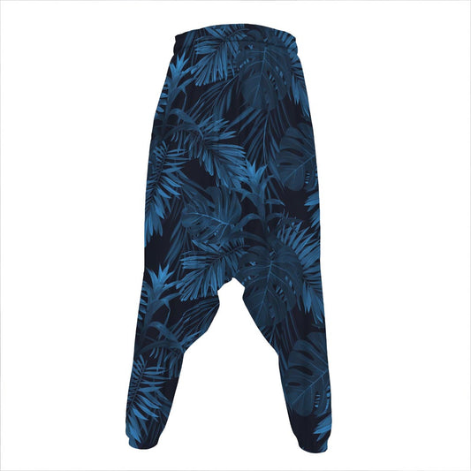 Dark Blue Tropical Leaf Pattern Print Hammer Pants