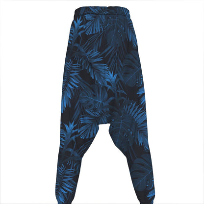 Dark Blue Tropical Leaf Pattern Print Hammer Pants