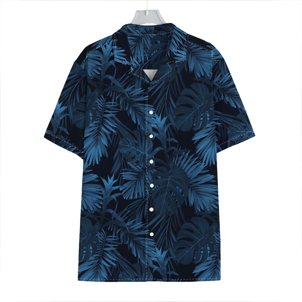 Dark Blue Tropical Leaf Pattern Print Hawaiian Shirt