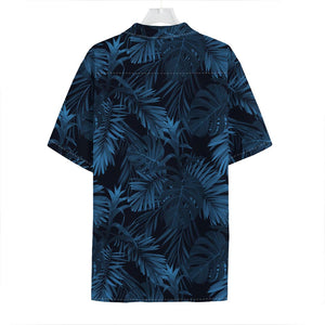 Dark Blue Tropical Leaf Pattern Print Hawaiian Shirt