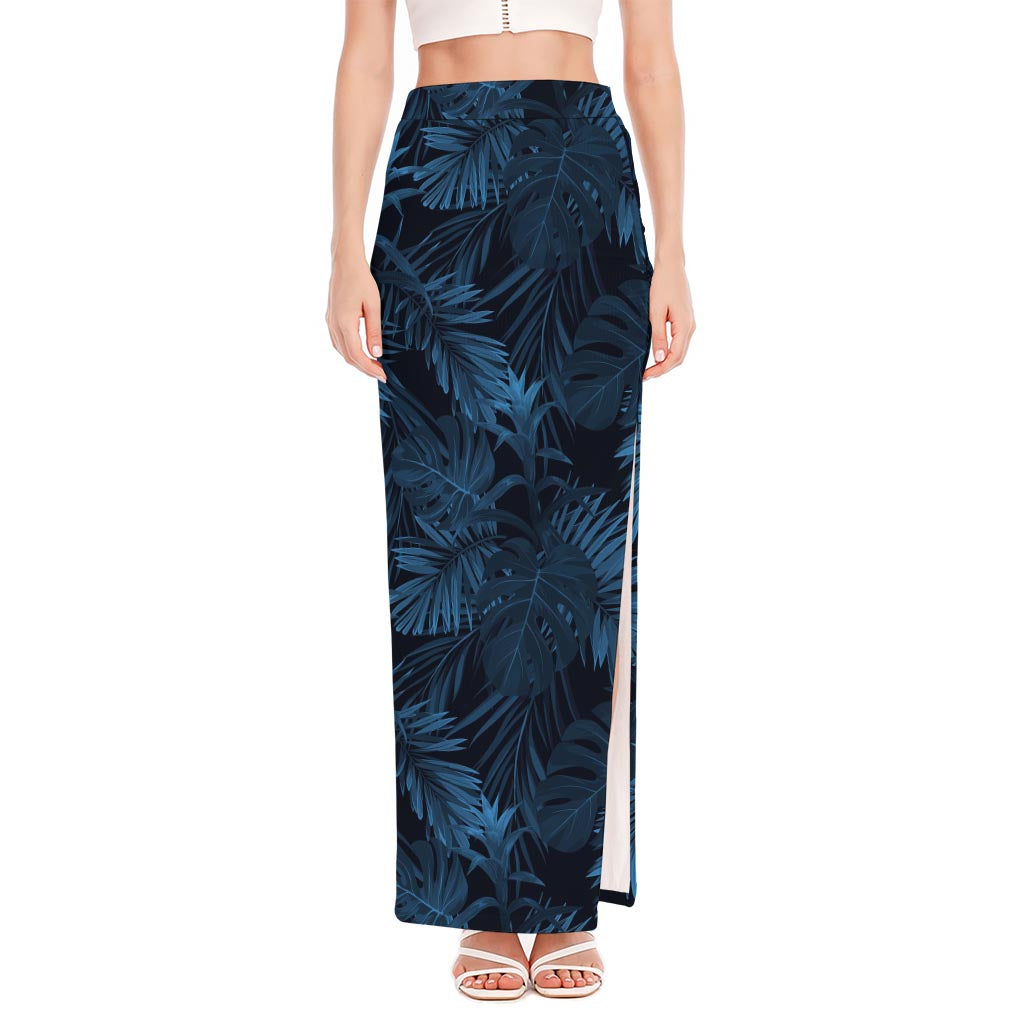 Dark Blue Tropical Leaf Pattern Print High Slit Maxi Skirt
