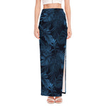 Dark Blue Tropical Leaf Pattern Print High Slit Maxi Skirt