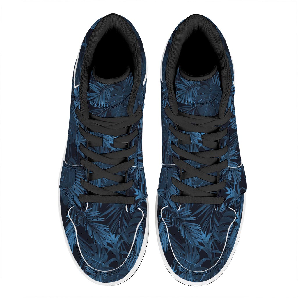 Dark Blue Tropical Leaf Pattern Print High Top Leather Sneakers