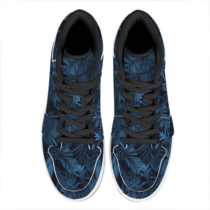Dark Blue Tropical Leaf Pattern Print High Top Leather Sneakers