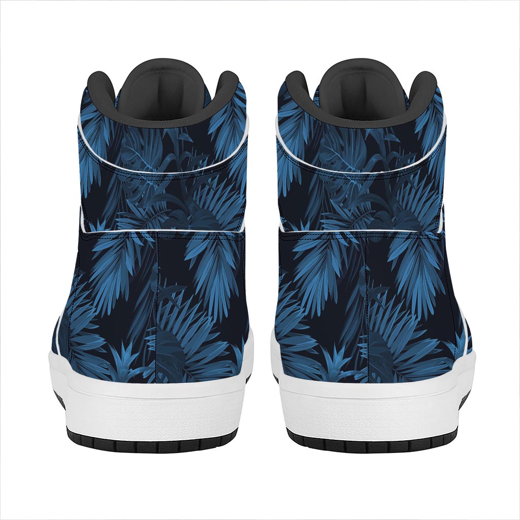 Dark Blue Tropical Leaf Pattern Print High Top Leather Sneakers