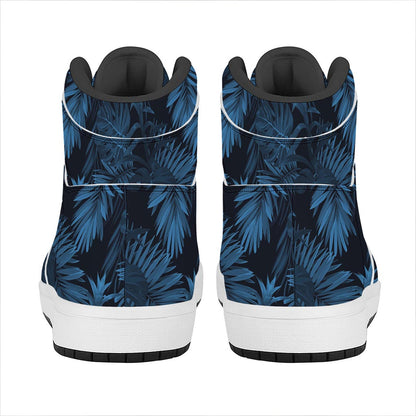 Dark Blue Tropical Leaf Pattern Print High Top Leather Sneakers