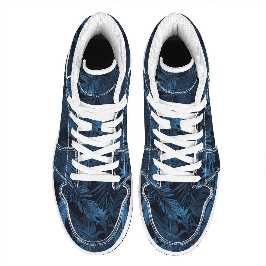 Dark Blue Tropical Leaf Pattern Print High Top Leather Sneakers
