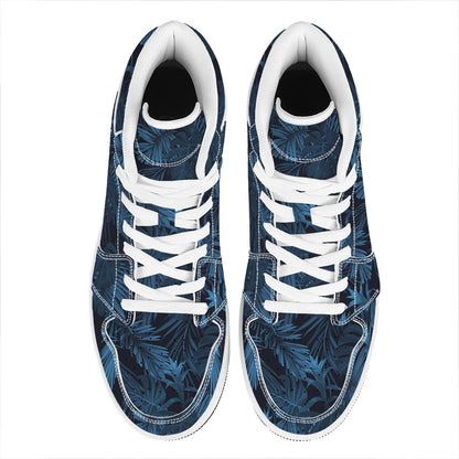 Dark Blue Tropical Leaf Pattern Print High Top Leather Sneakers